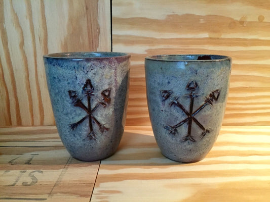 Handmade ceramic pint mugs in blue in handcarved arrow design (set of two)