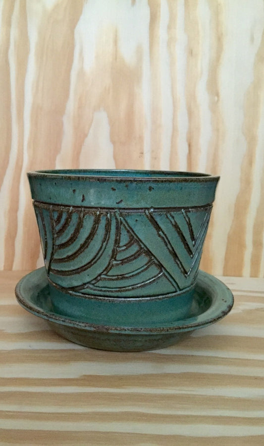 Handemade turqiouse ceramic planter with base