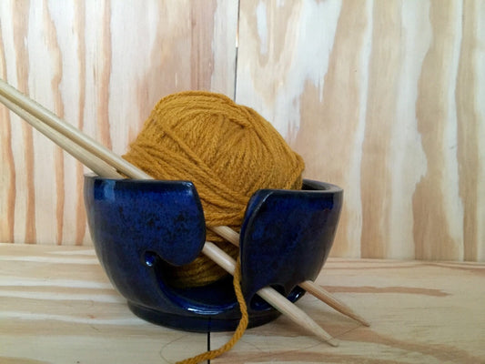 Small handemade ceramic yarn knitting bowl in dark blue