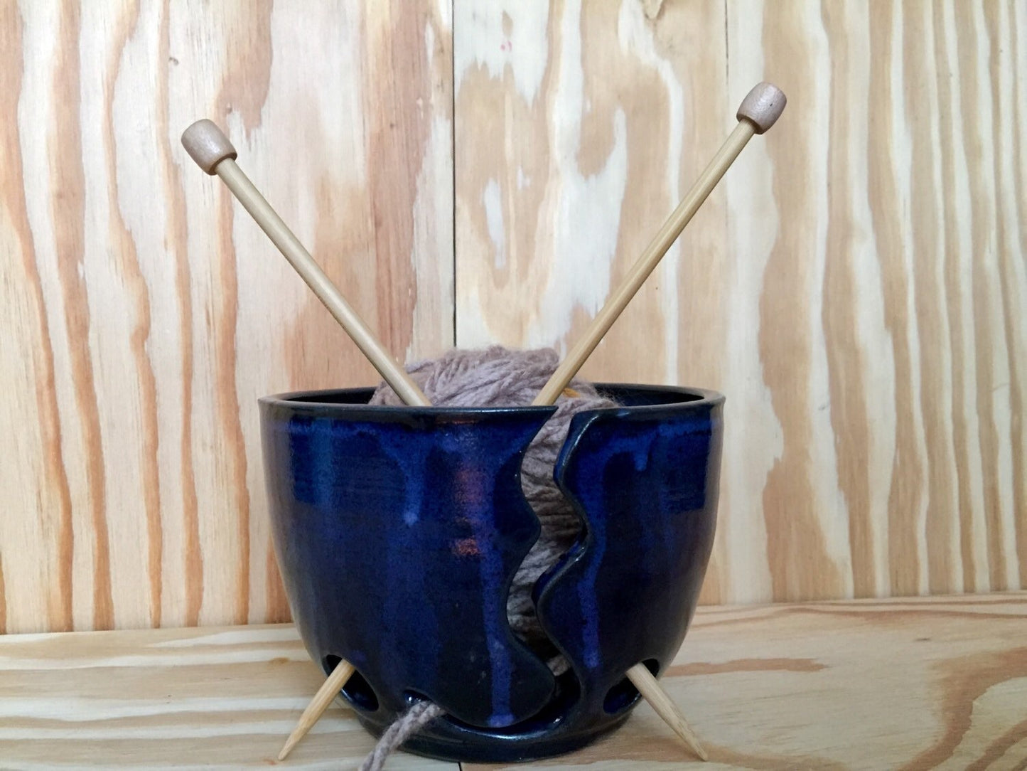 Large handemade ceramic yarn bowl in dark blue