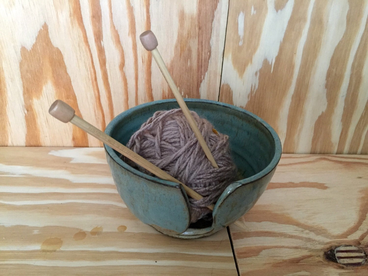 Large handmade ceramic yarnbowl in almond and teal