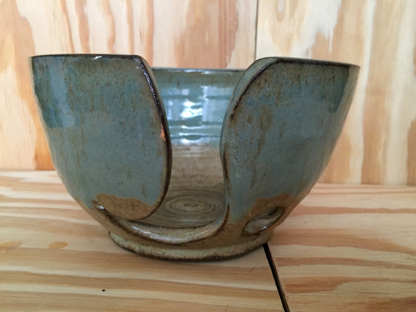 Large handmade ceramic yarnbowl in almond and teal