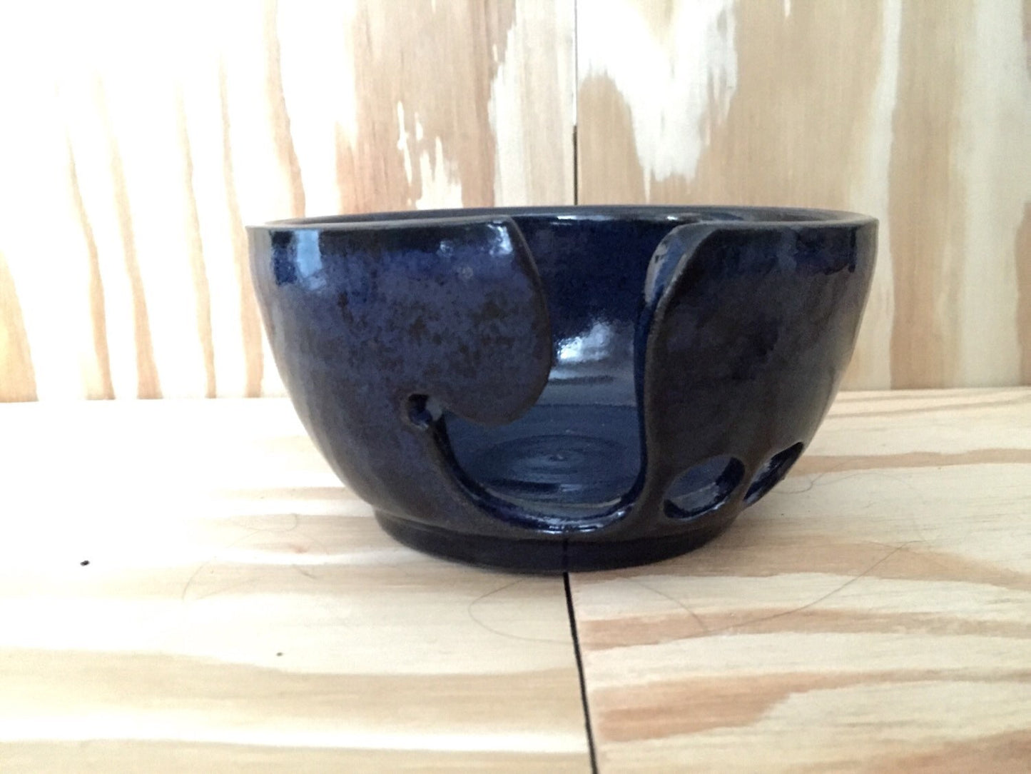 Small handemade ceramic yarn knitting bowl in dark blue