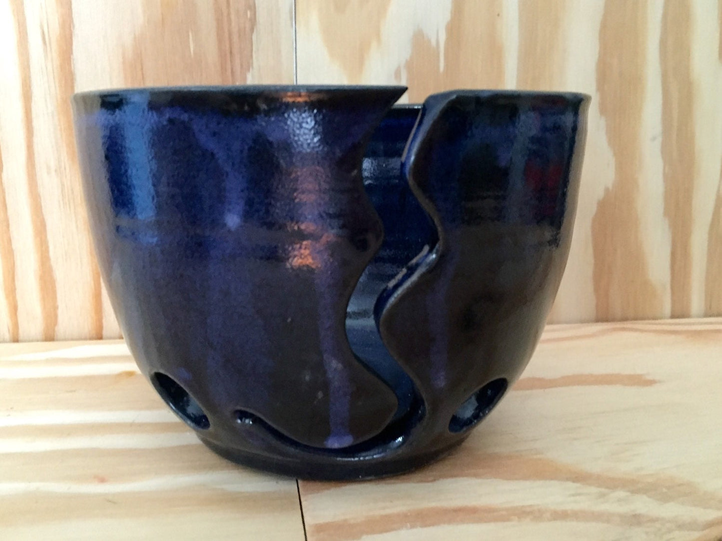 Large handemade ceramic yarn bowl in dark blue