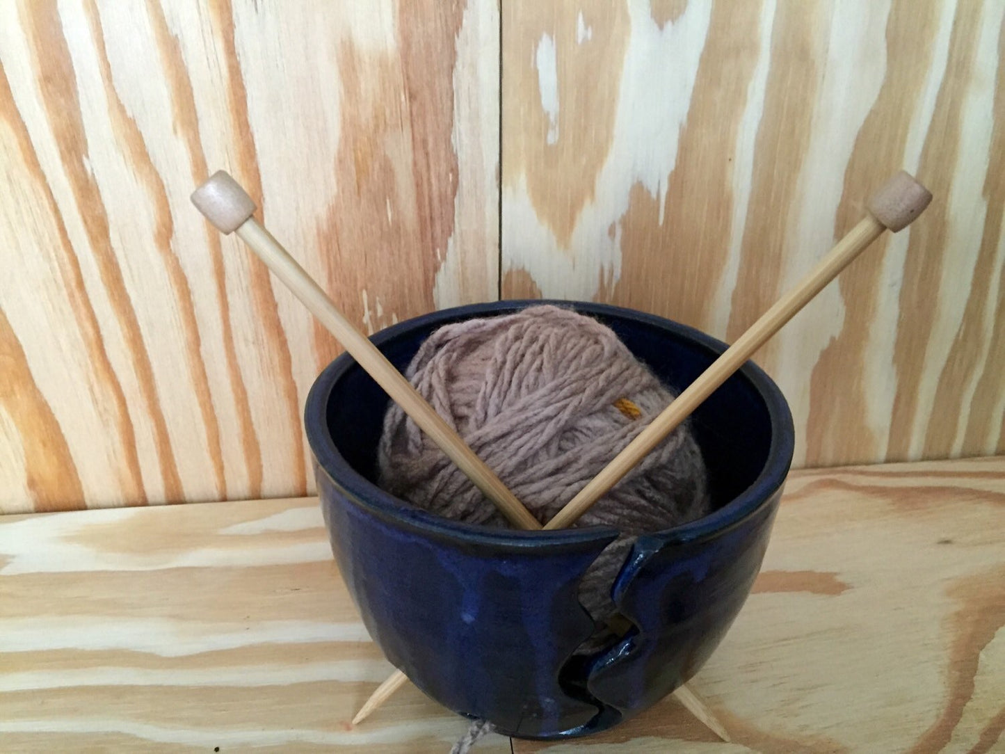 Large handemade ceramic yarn bowl in dark blue