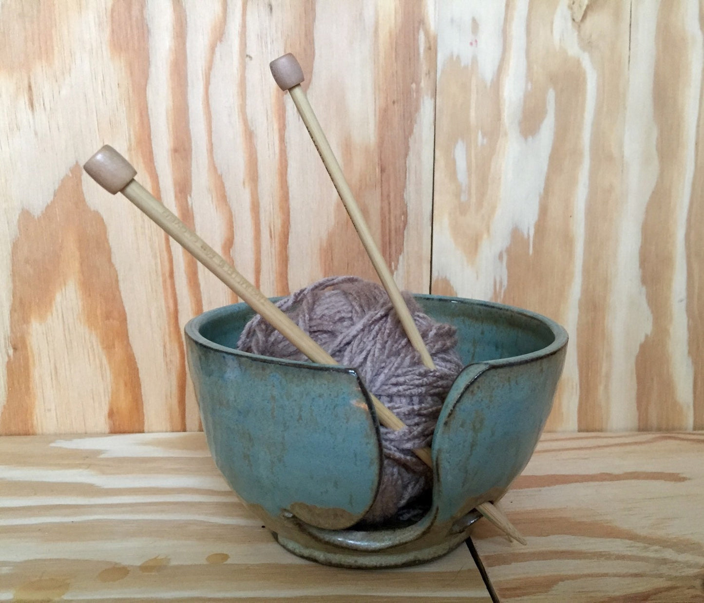 Large handmade ceramic yarnbowl in almond and teal