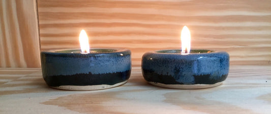 Set of two handmade candle/ tealight holder in blue with melted glass