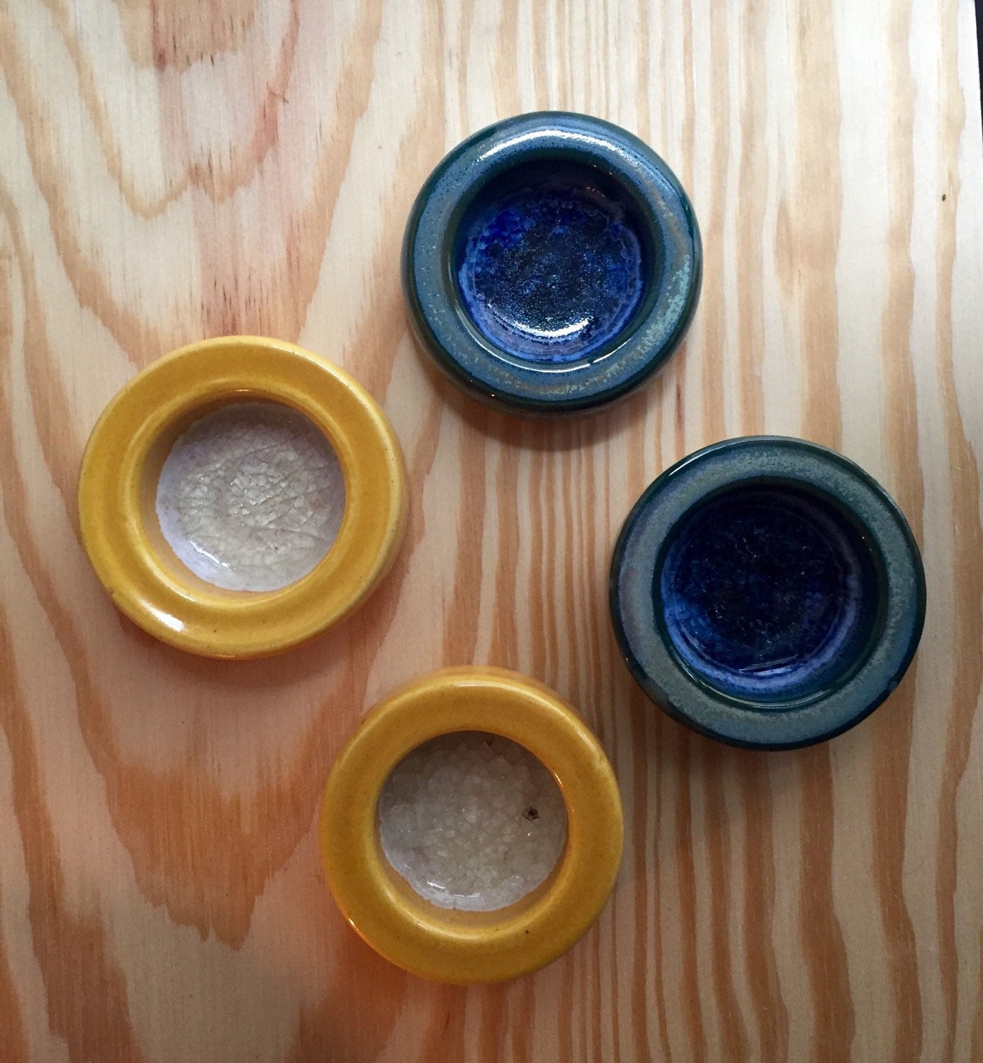 Set of two handmade candle/ tealight holder in blue with melted glass