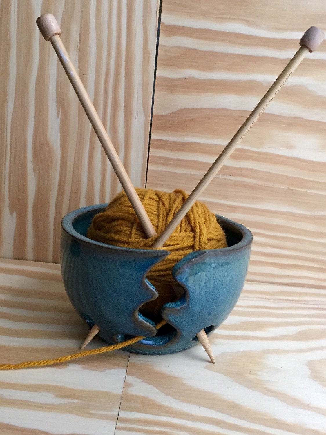 Small Handemade ceramic yarn-bowl in turquoise blue