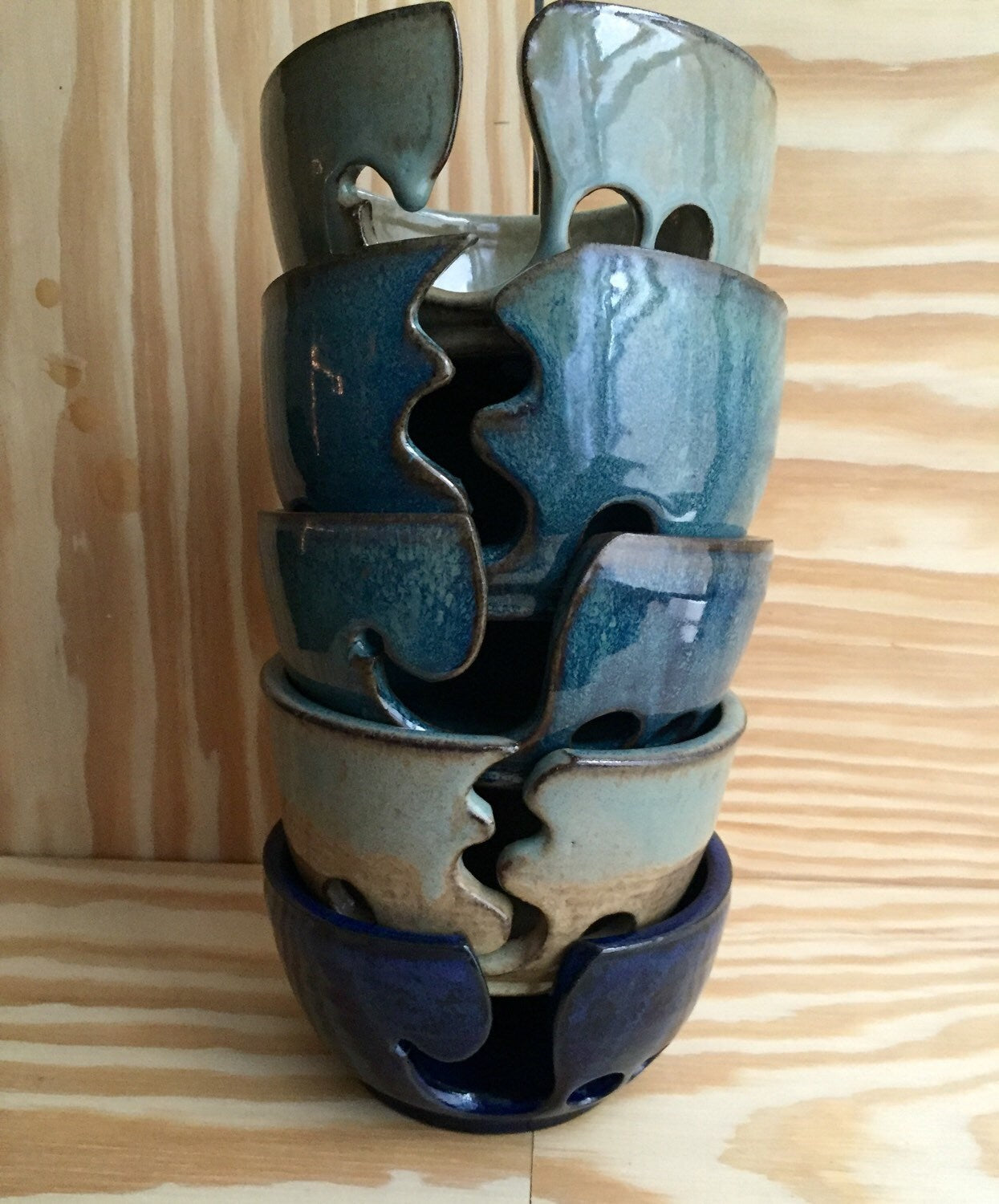 Small Handemade ceramic yarn bowl in almond and blue