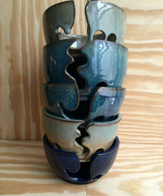 Small Handemade ceramic yarn bowl in almond and blue