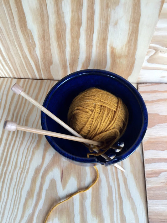 Large handemade ceramic yarn bowl in dark blue