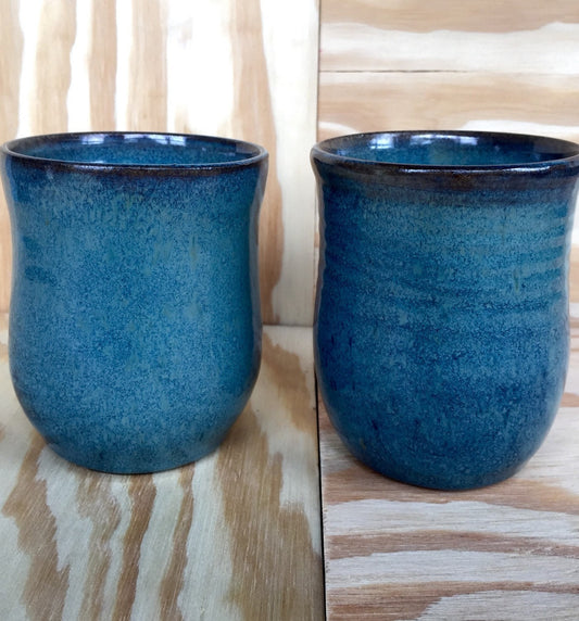 Handmade tulip shaped ceramic mug set of two in rich blue