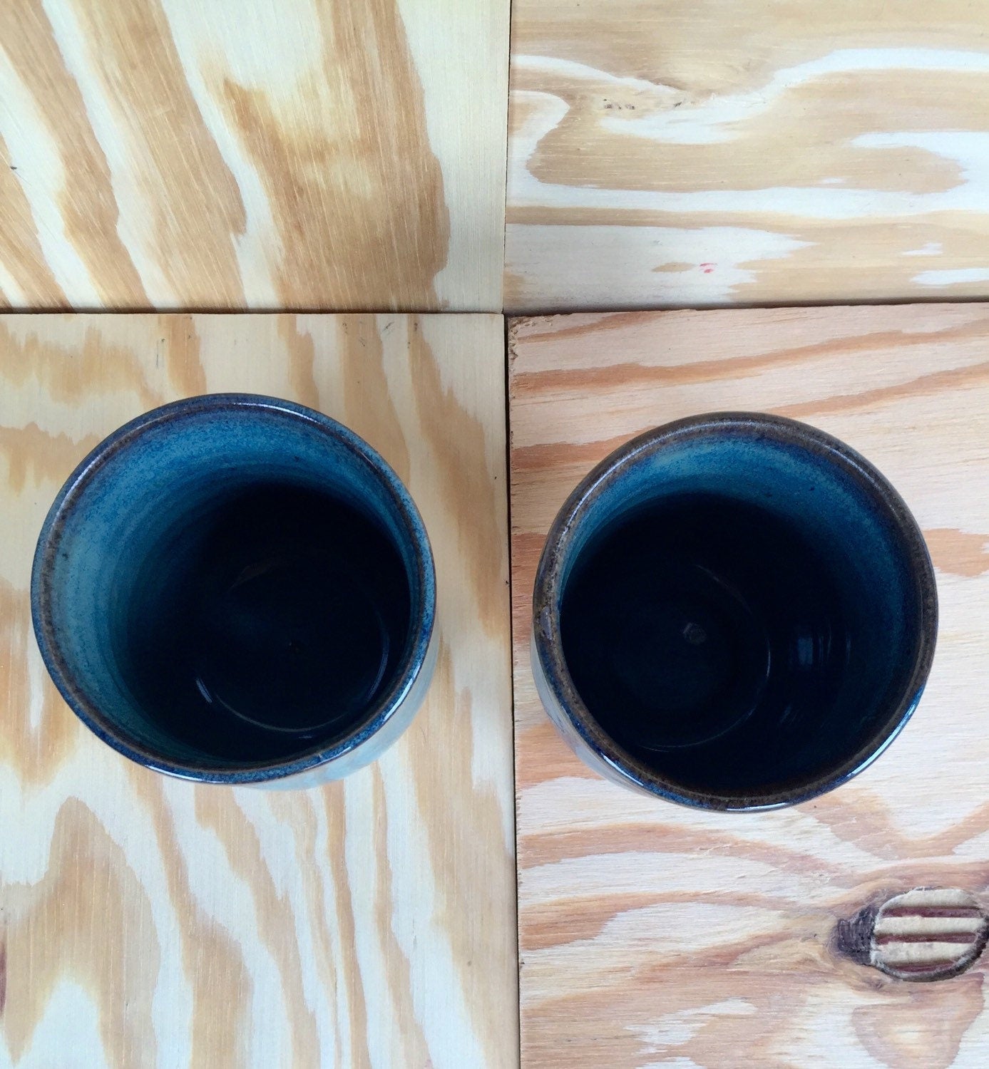 Handmade tulip shaped ceramic mug set of two in rich blue