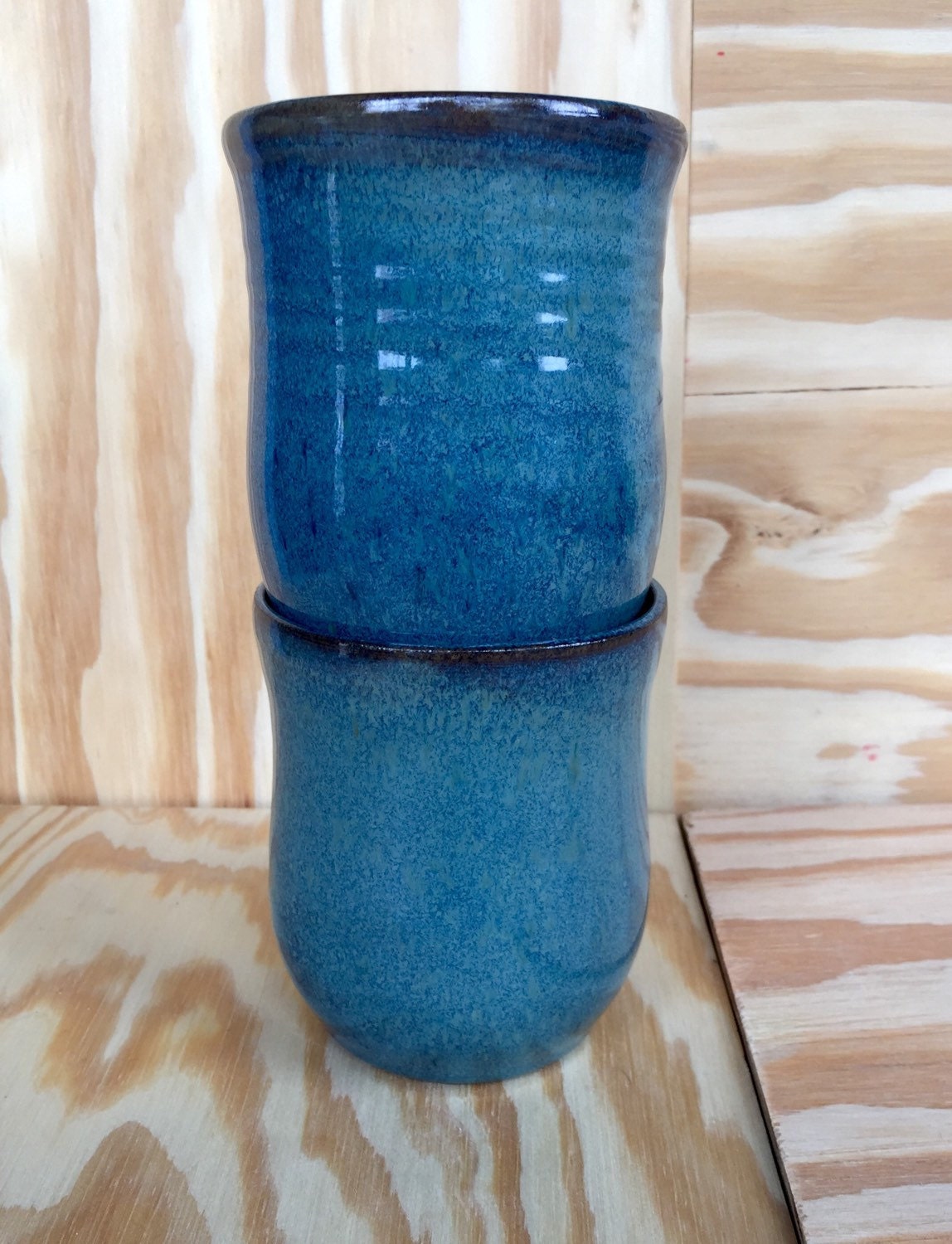 Handmade tulip shaped ceramic mug set of two in rich blue