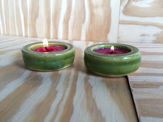 Set of two handmade candle/ tealight holder in lime green