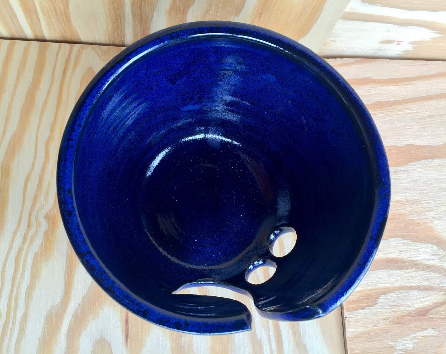 Large handemade ceramic yarn bowl in dark blue