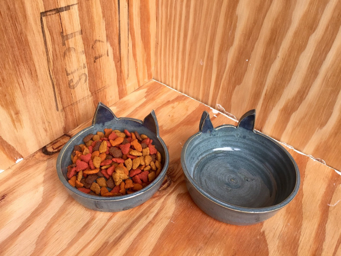Handemade ceramic cat feeding bowls (set of two) in blue