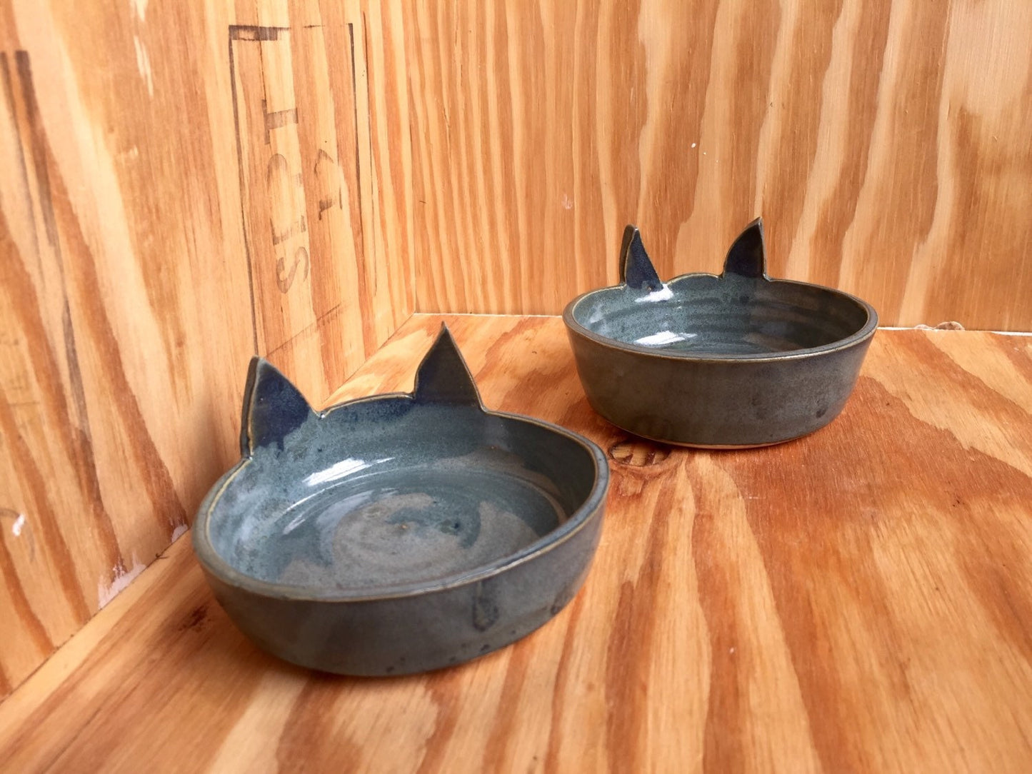 Handemade ceramic cat feeding bowls (set of two) in blue