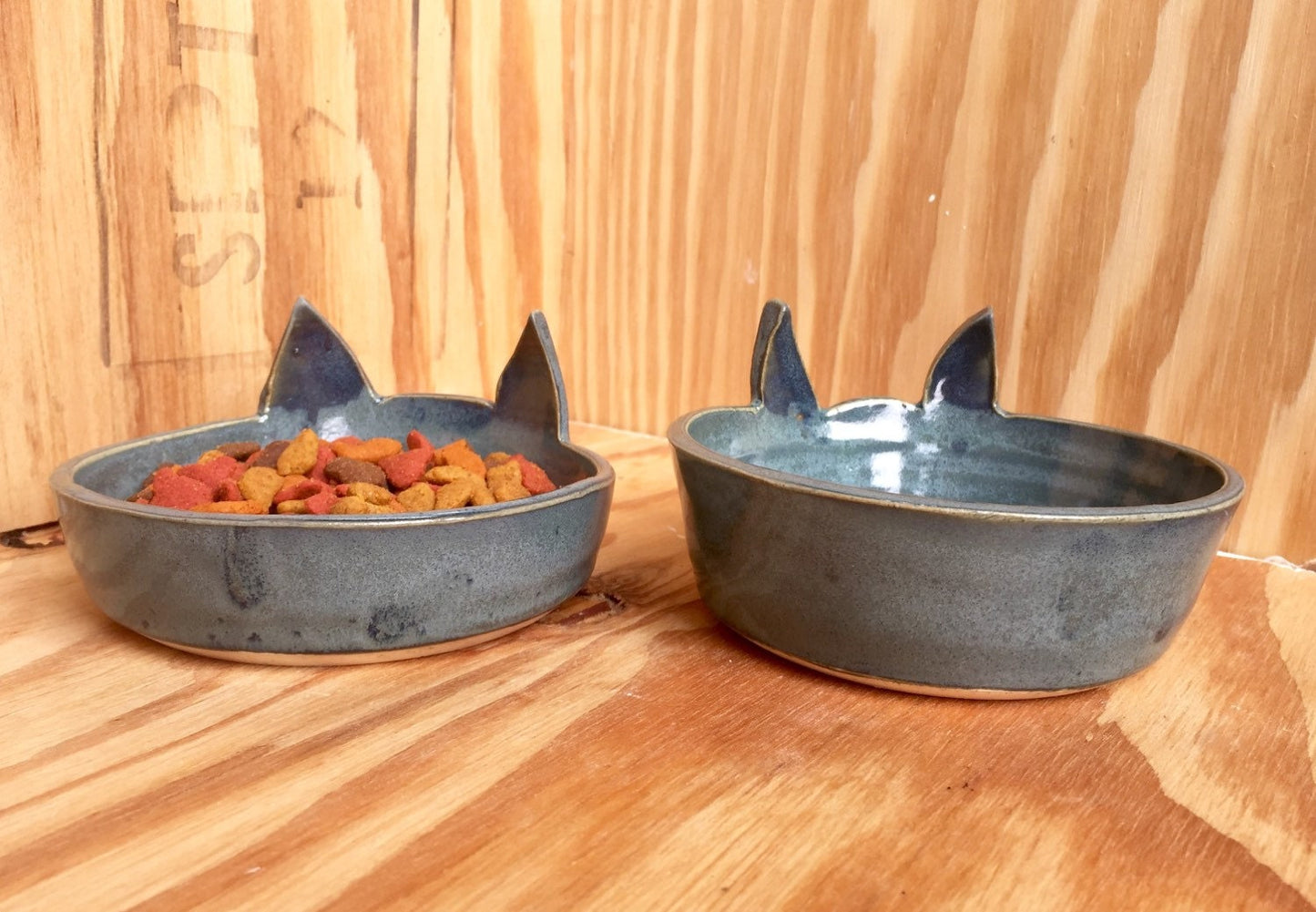 Handemade ceramic cat feeding bowls (set of two) in blue