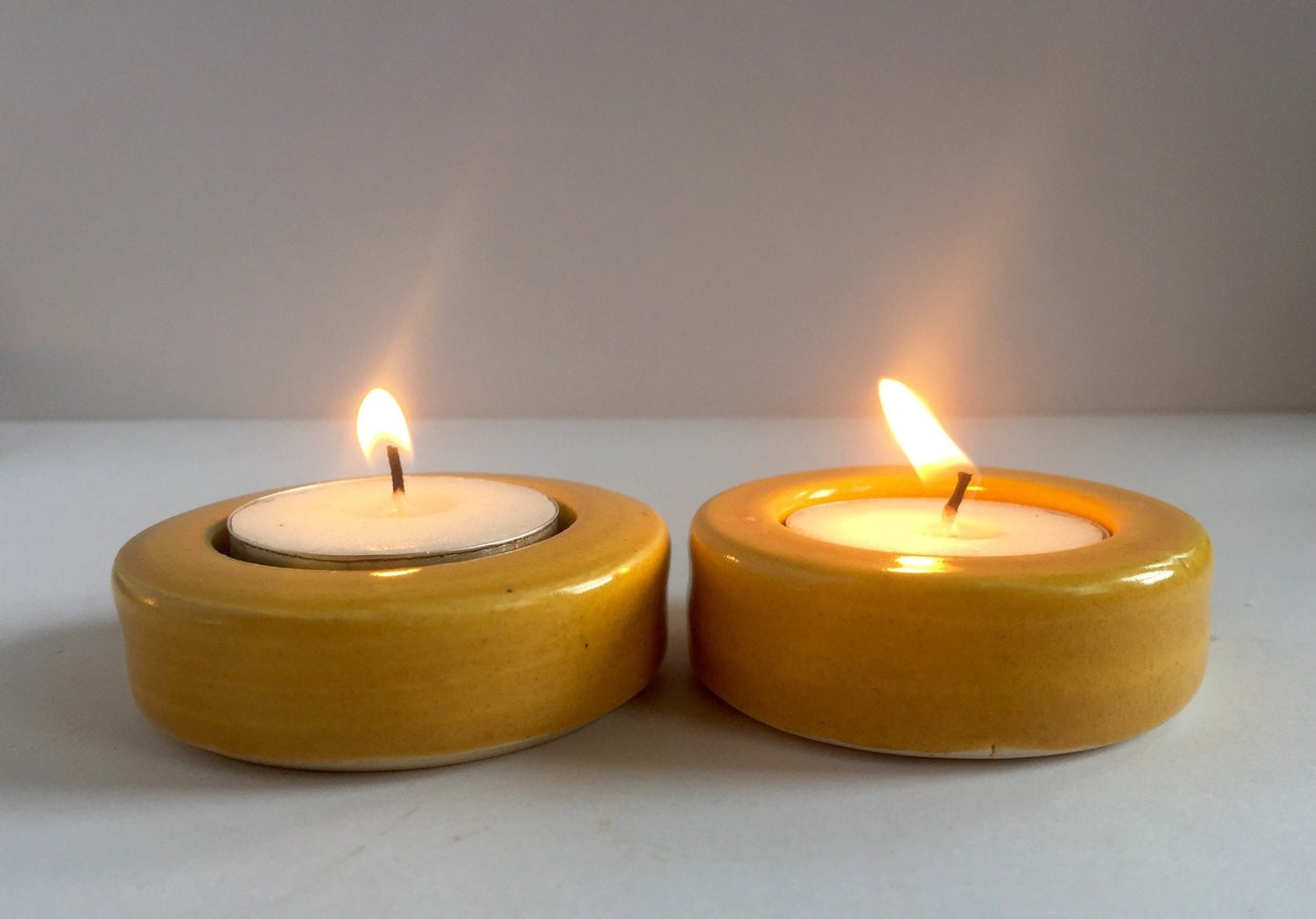 Set of two Handmade yellow candle/tealight holder with melted glass