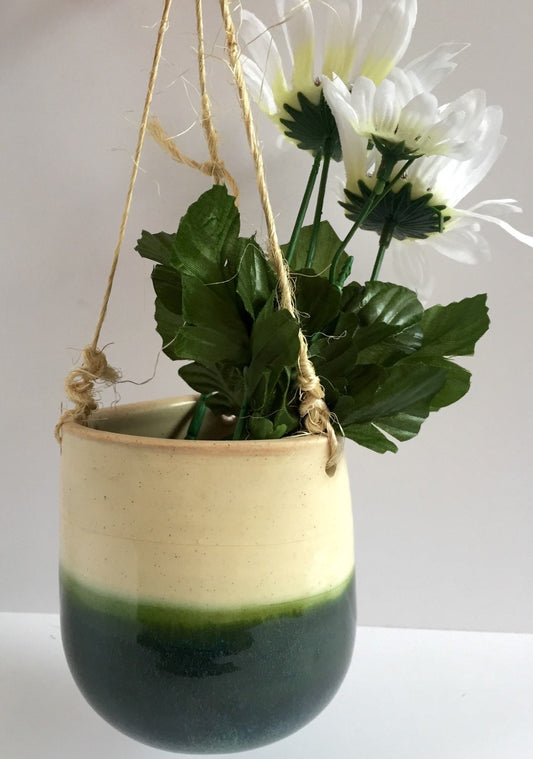 Ceramic hanging flower or herb planters with twine in blue green