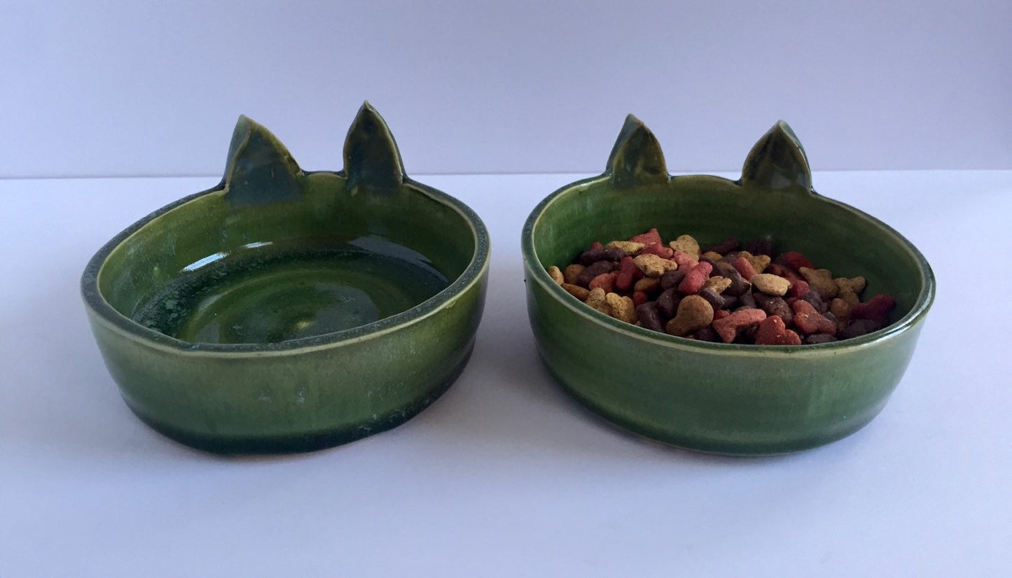 Handemade ceramic cat feeding bowls (set of two) in green