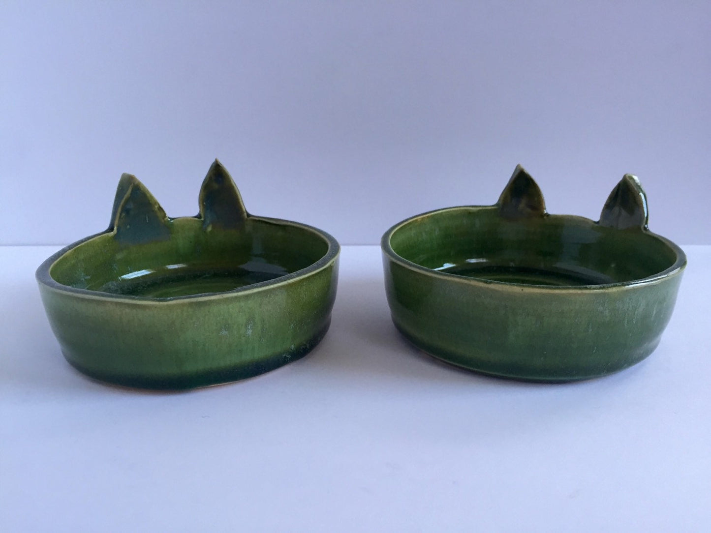 Handemade ceramic cat feeding bowls (set of two) in green