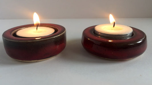 red candle tea light holder with melted glass set of two.