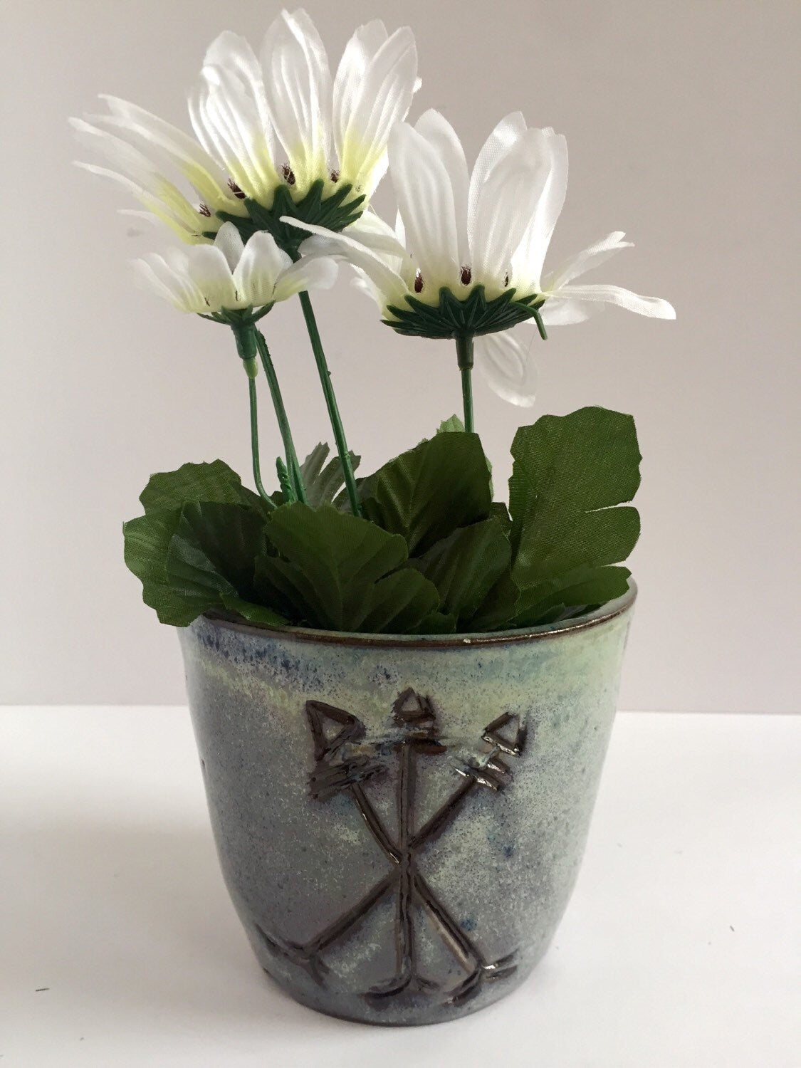 ceramic planter handcarved arrow design in  blue
