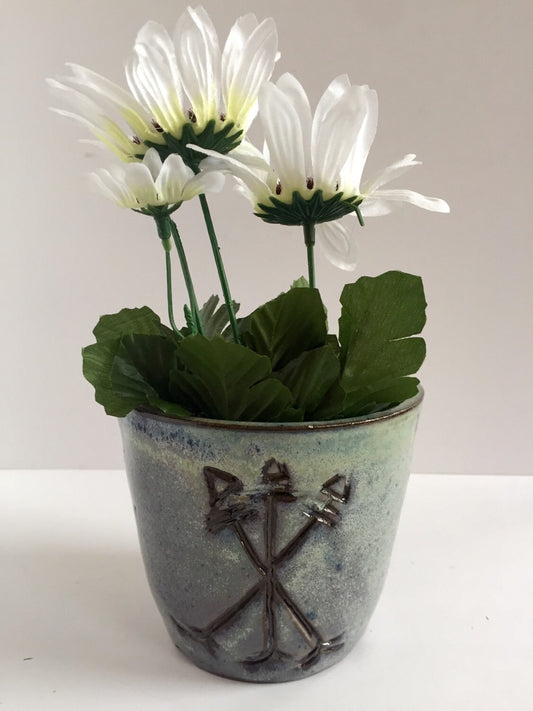 ceramic planter handcarved arrow design in  blue