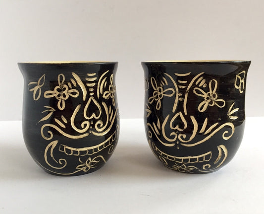Sugar skull black ceramic coffee mugs with sgrafitto design  set of two.