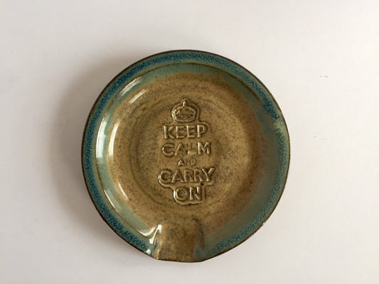 Keep calm and carry on" inspired handmade ceramic spoon rest in almond and teal