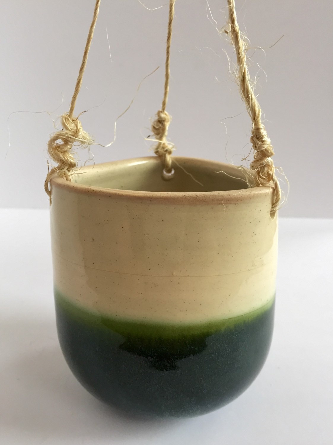 Ceramic hanging flower or herb planters with twine in blue green