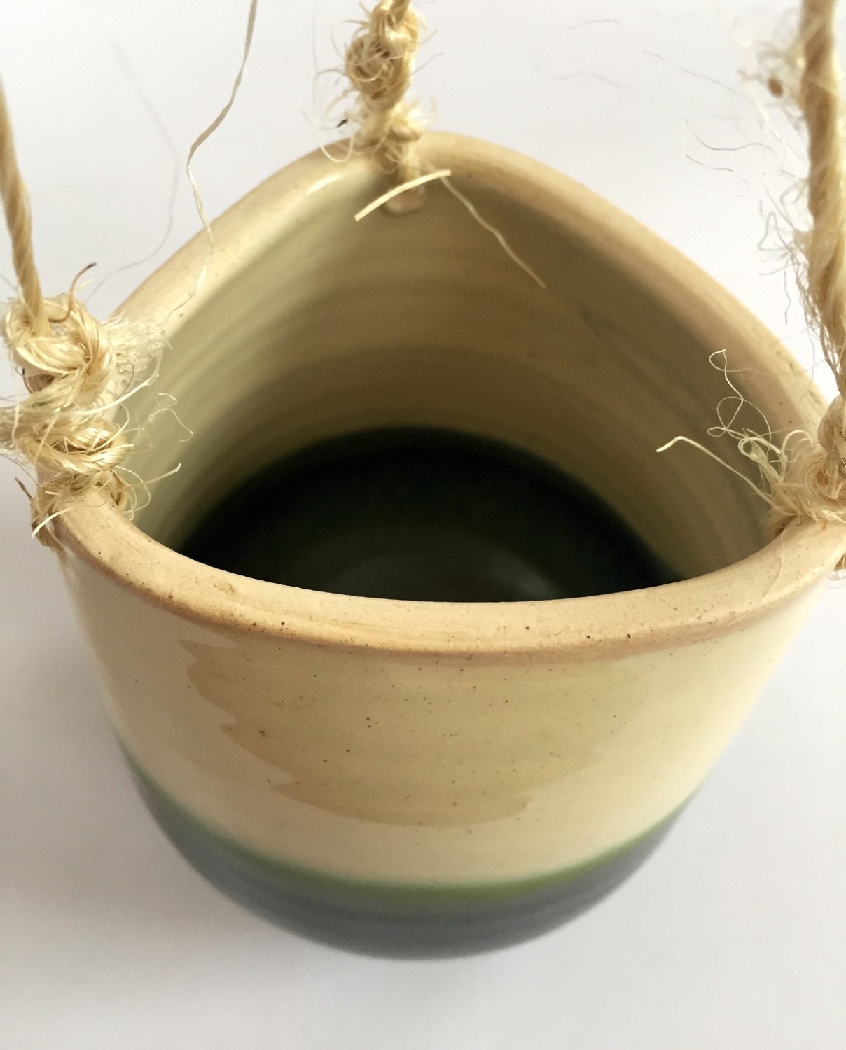 Ceramic hanging flower or herb planters with twine in blue green