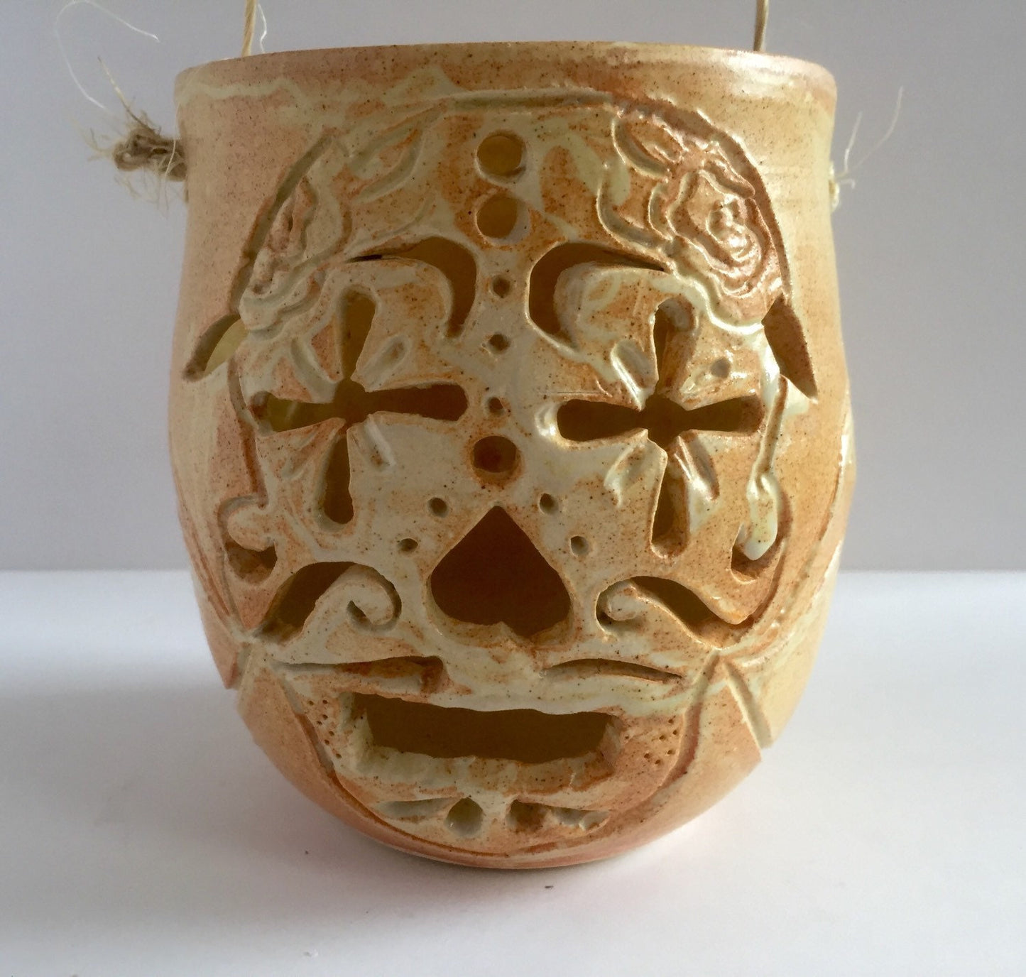 ceramic hanging lantern - hand carved sugar skull design