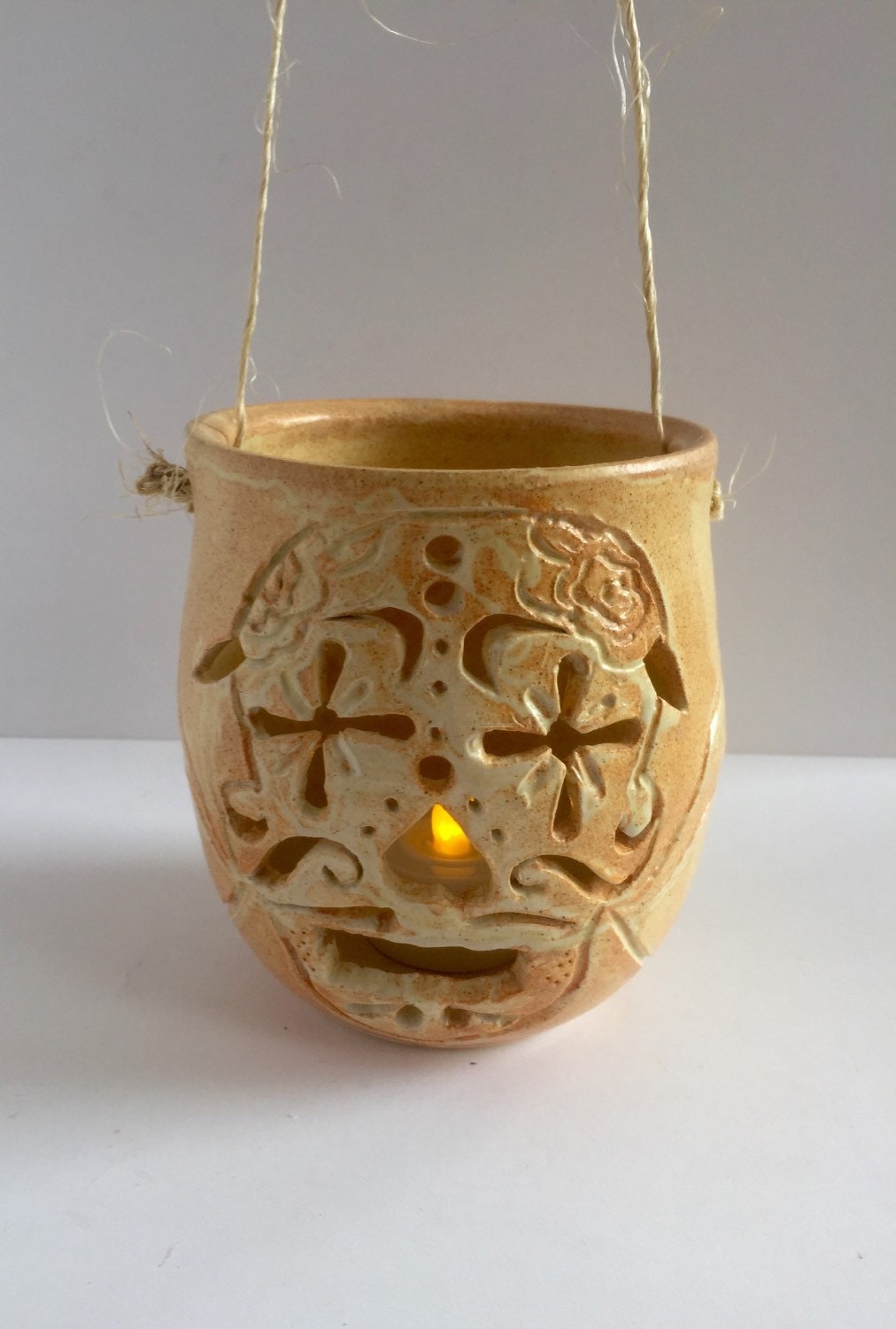 ceramic hanging lantern - hand carved sugar skull design