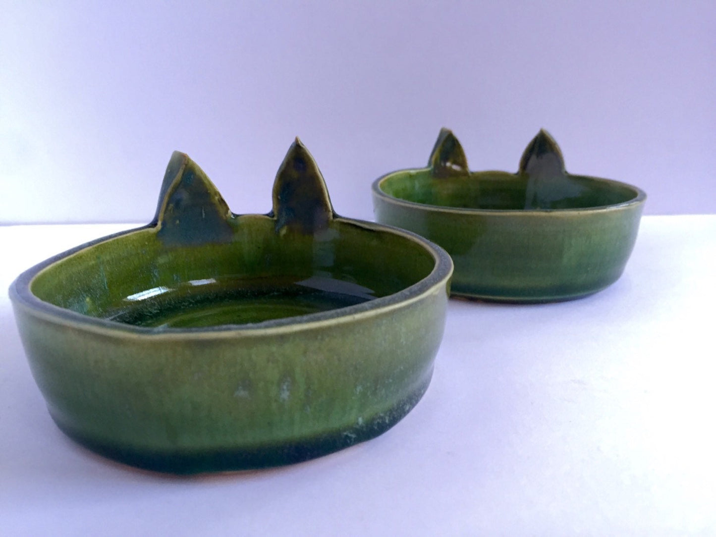 Handemade ceramic cat feeding bowls (set of two) in green