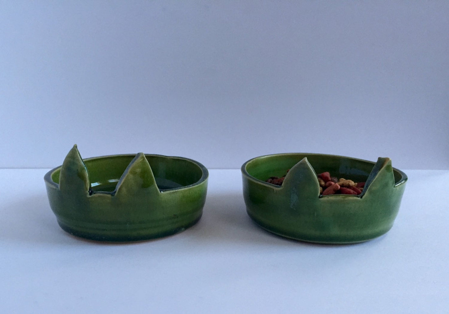Handemade ceramic cat feeding bowls (set of two) in green