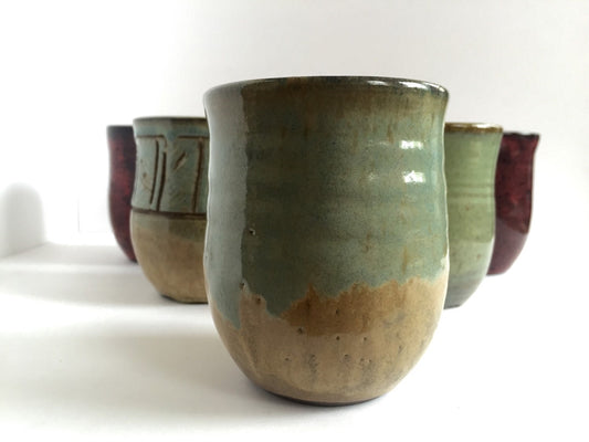 ceramic mug in almond and blue