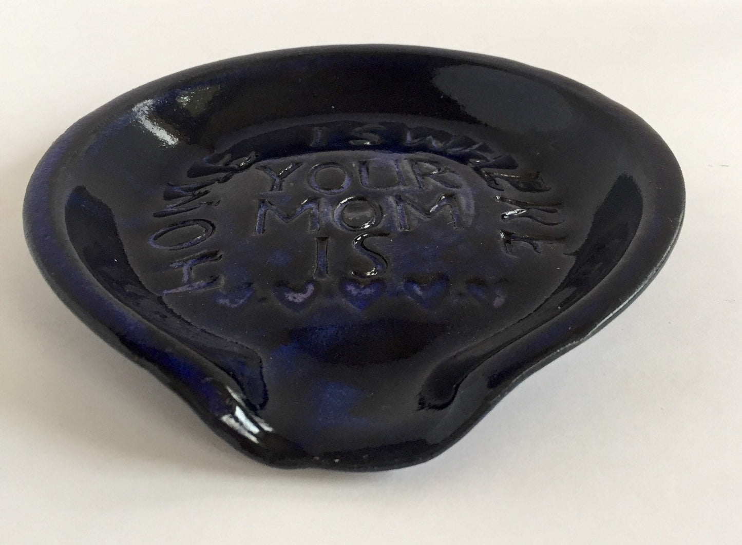Mom inspired handemade ceramic spoon rest in dark blue