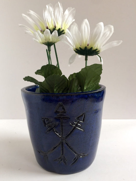 ceramic planter handcarved arrow design in cobalt blue