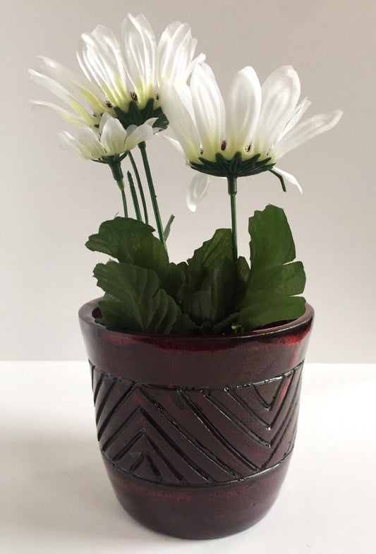 Hand carved  ceramic outdoor planter for 4" plants in burgandy