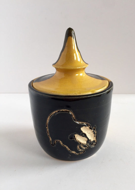 harry potter themed ceramic jar in hufflepuff colors