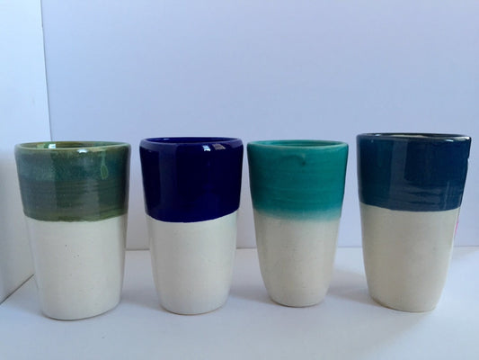 pint glass ceramic with triangle top in various colors.