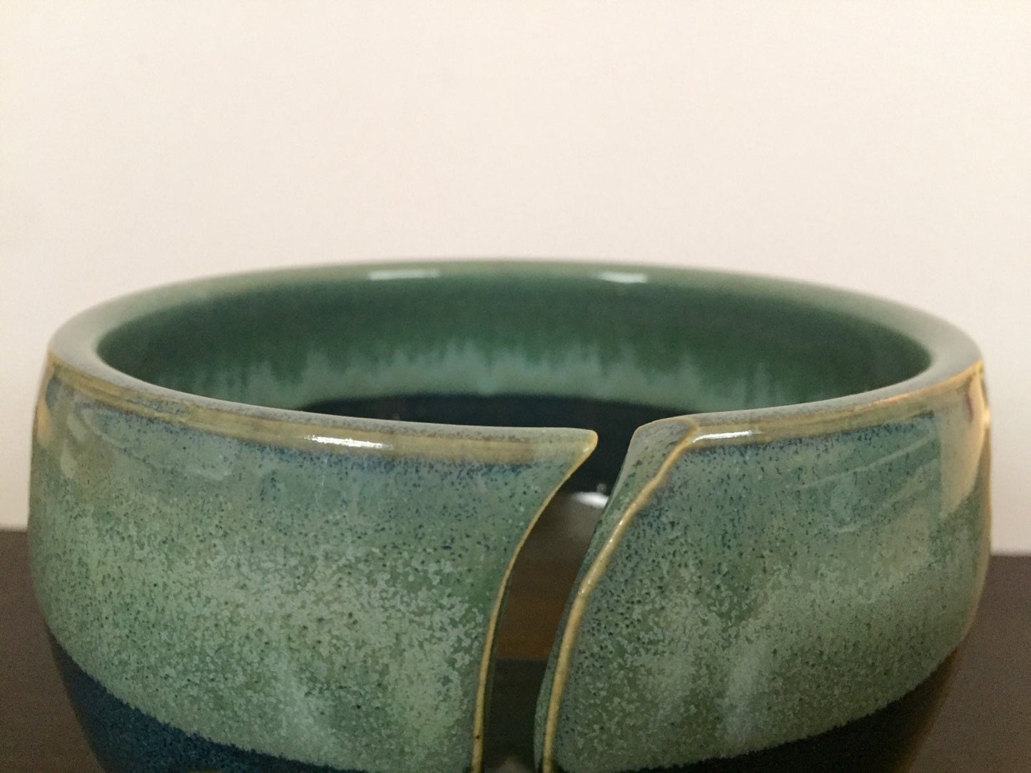 yarnbowl for knitters ceramic in blue and green.