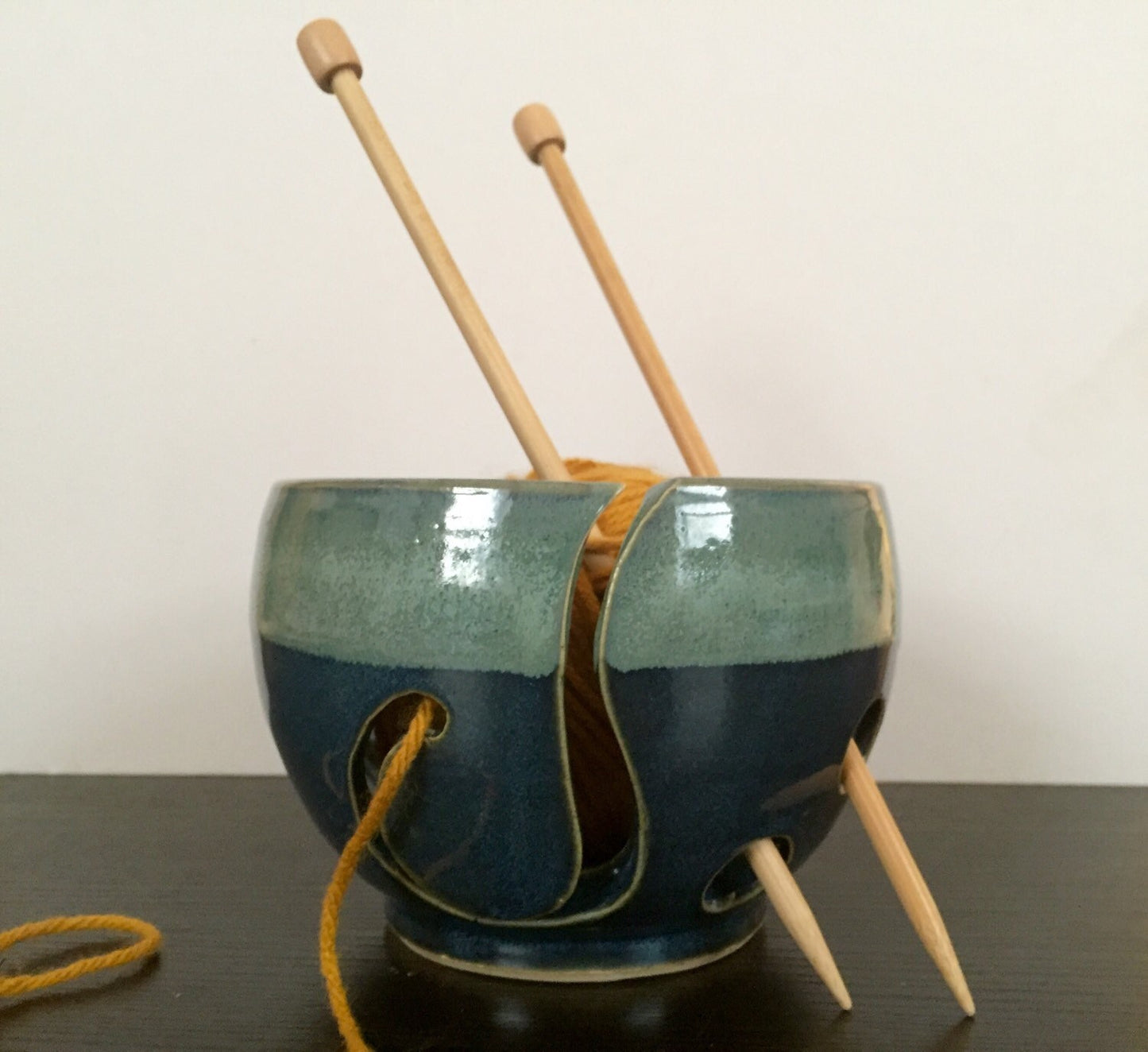 yarnbowl for knitters ceramic in blue and green.