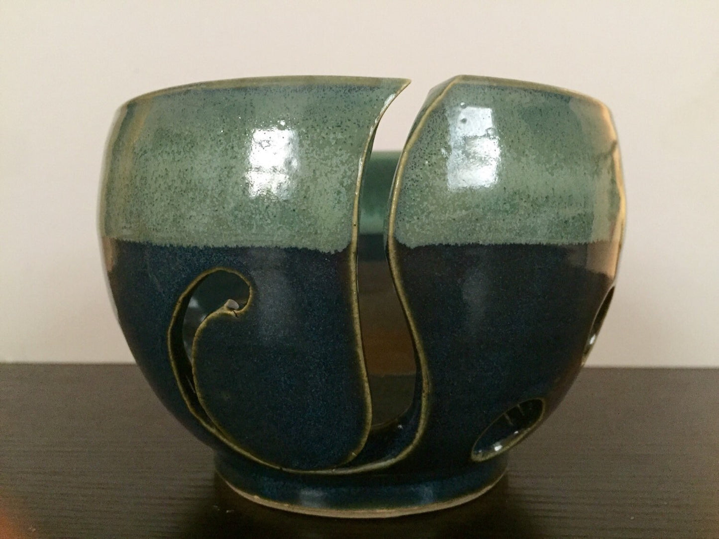 yarnbowl for knitters ceramic in blue and green.