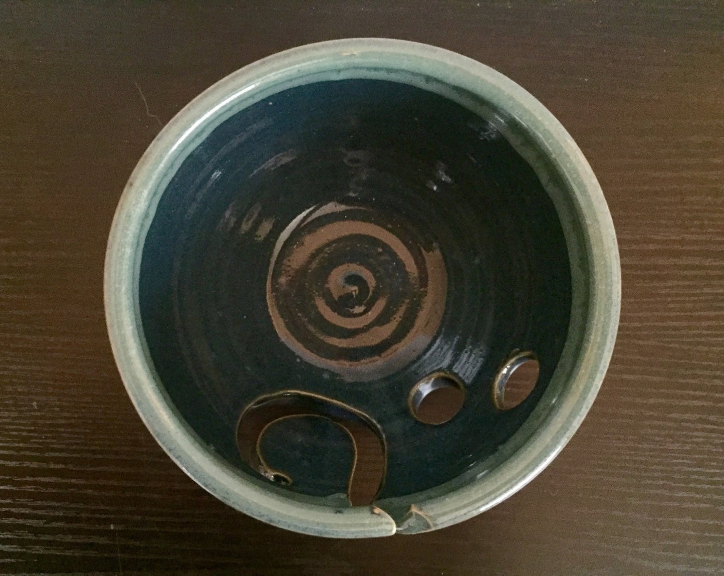 yarnbowl for knitters ceramic in blue and green.