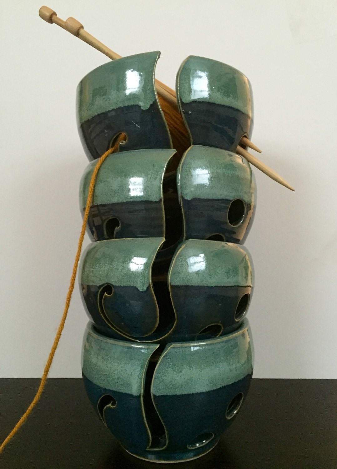 yarnbowl for knitters ceramic in blue and green.